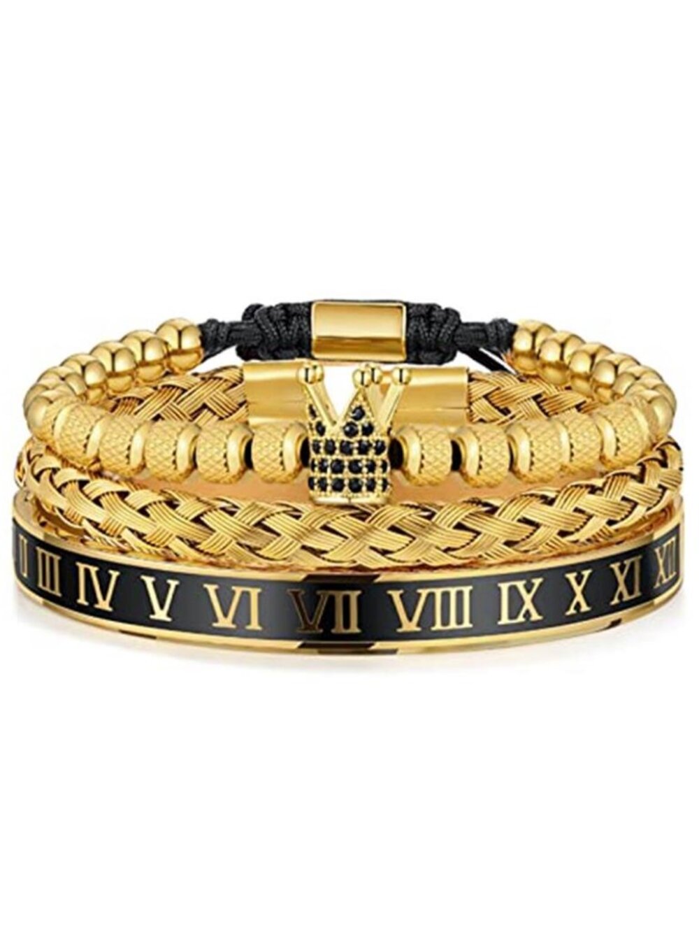 3PCS Stainless Steel Imperial Crown Bracelets for Men Gold Roman Numeral